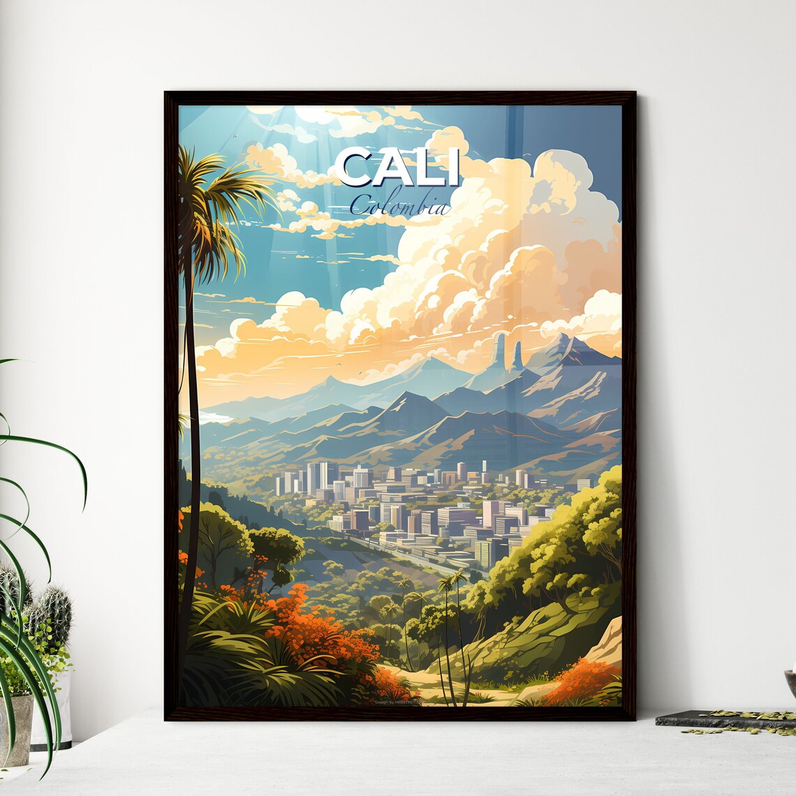 Cali Colombia Mountain City Skyline Vintage Travel Art Poster