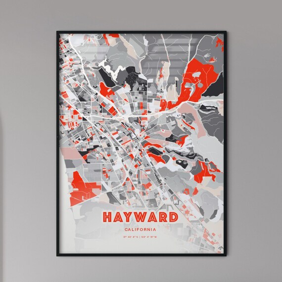 Hayward California City Map Art Poster Red Gray Expressive Modern Look