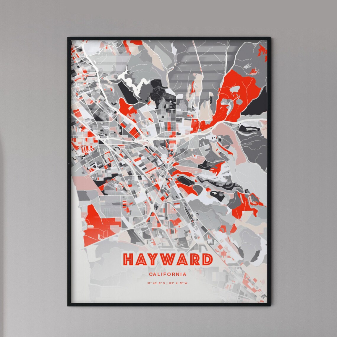 Hayward California City Map Art Poster Red Gray Expressive Modern Look