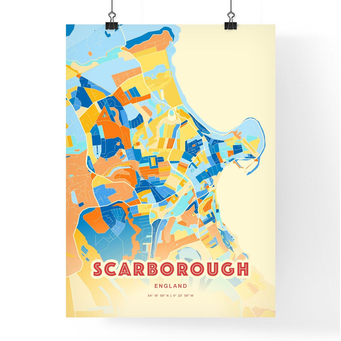 Scarborough England Colorful Blue Orange Map Art Poster Wall Decor - Image 3