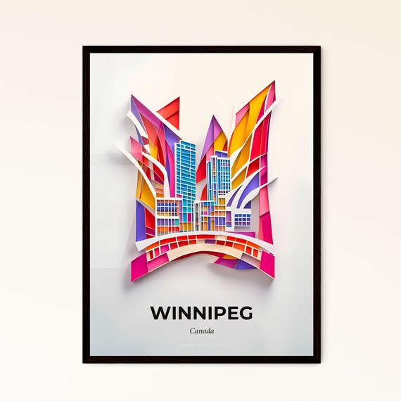 Winnipeg Canada Downtown Skyline Bridge Colorful Paper Cut Poster