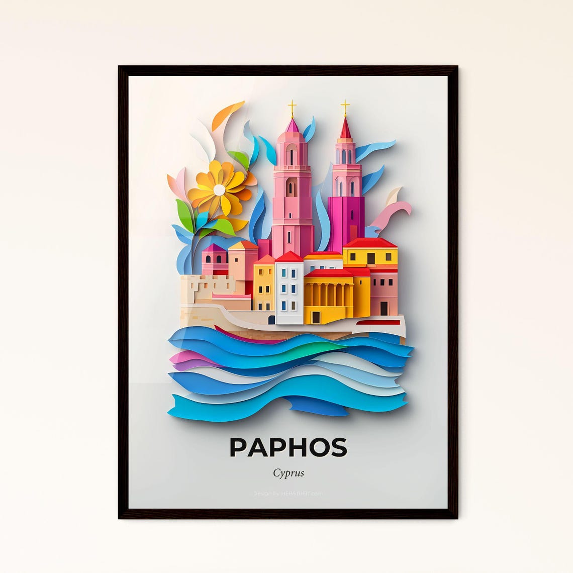 Paphos Cyprus Colorful Paper Cut Coastal Towers Travel Poster
