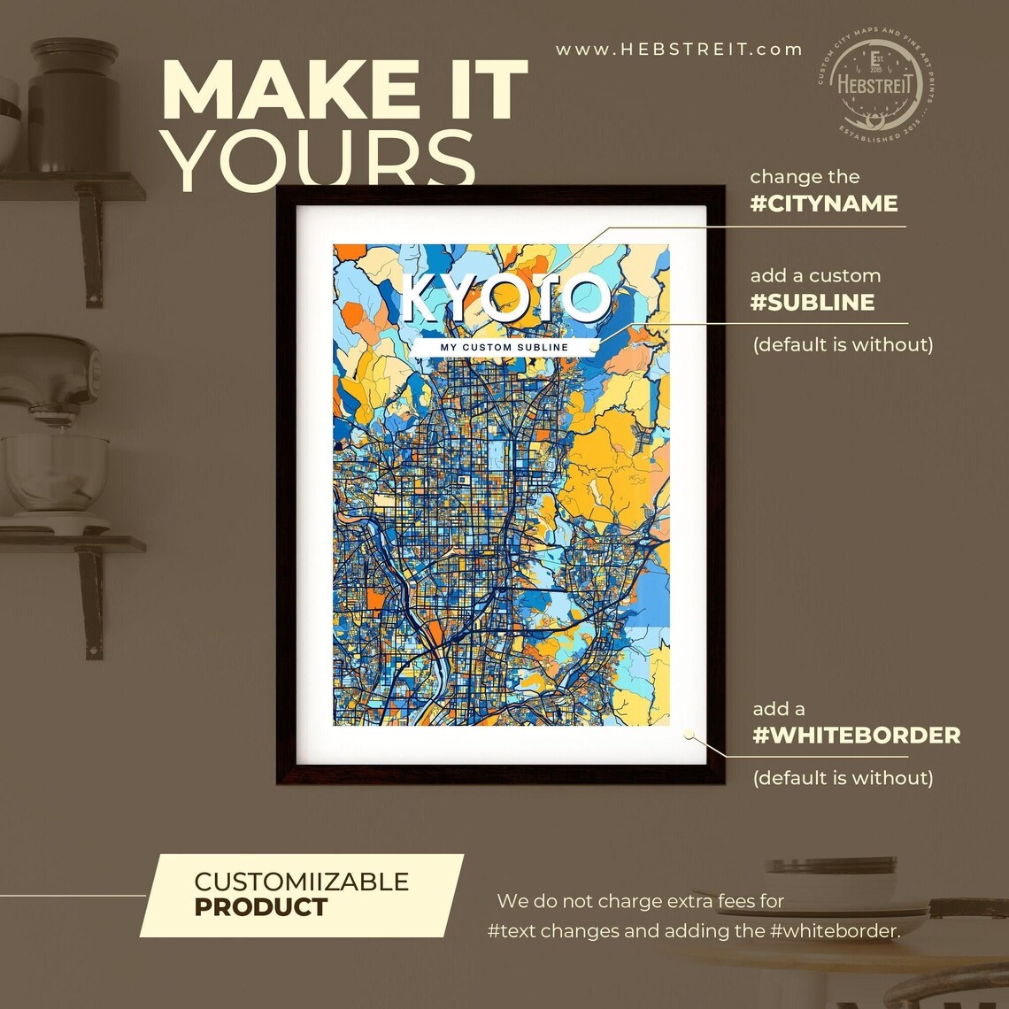 Kyoto Japan Stylish Vibrant Blue and Orange Mosaic City Map Poster - Image 2