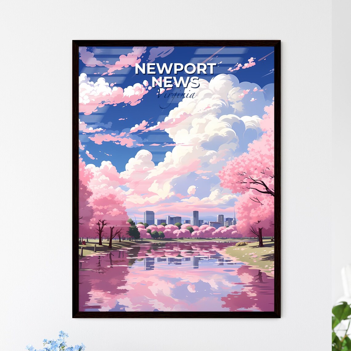Newport News Virginia Cherry Blossom Lake Skyline Travel Poster
