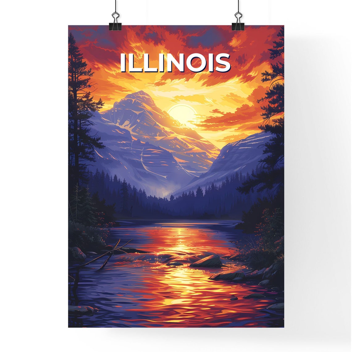 Illinois Mountain River Sunset Fiery Sky Pines Vintage Travel Poster - Image 4