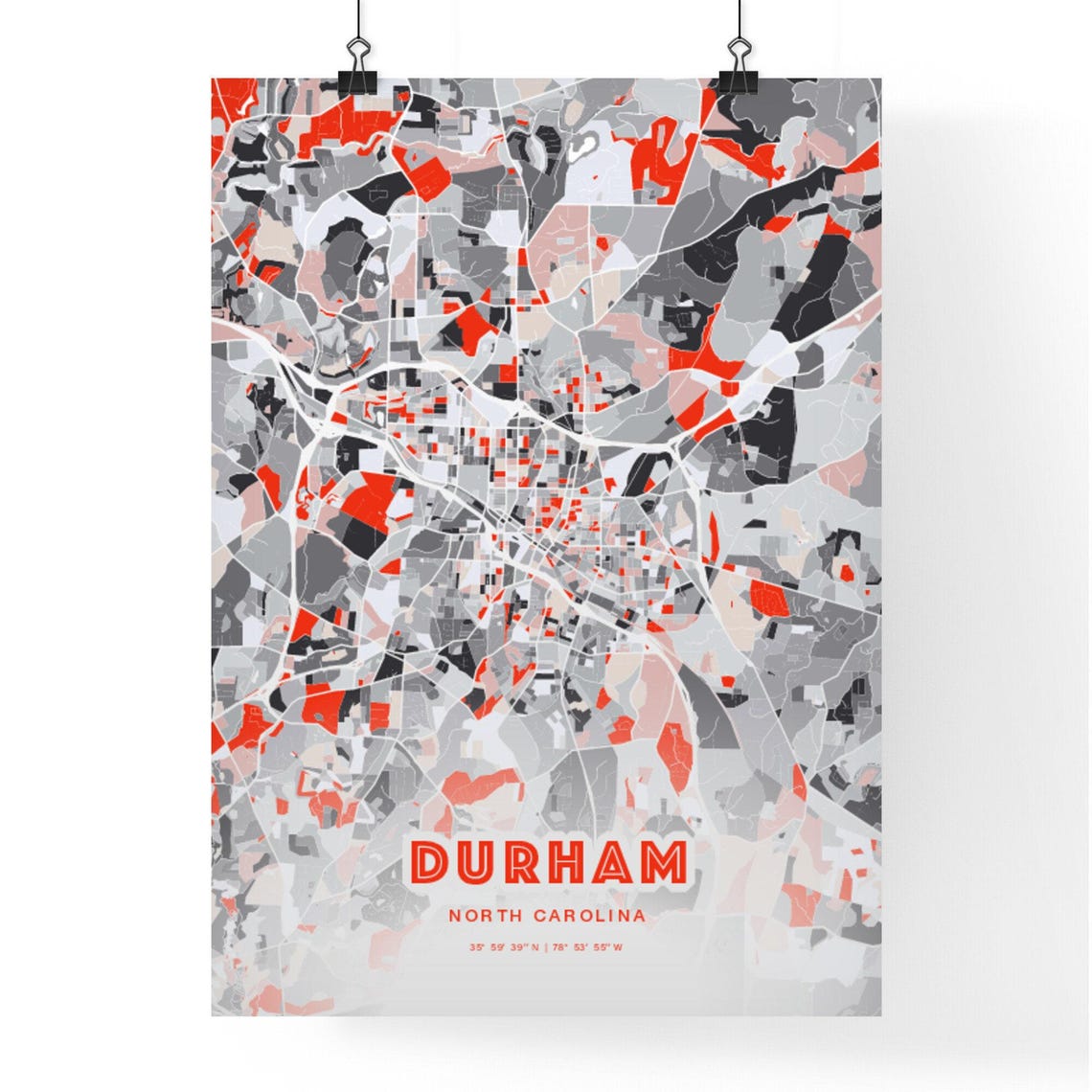 Durham North Carolina Expressive Red Bold City Map Art Poster - Image 3
