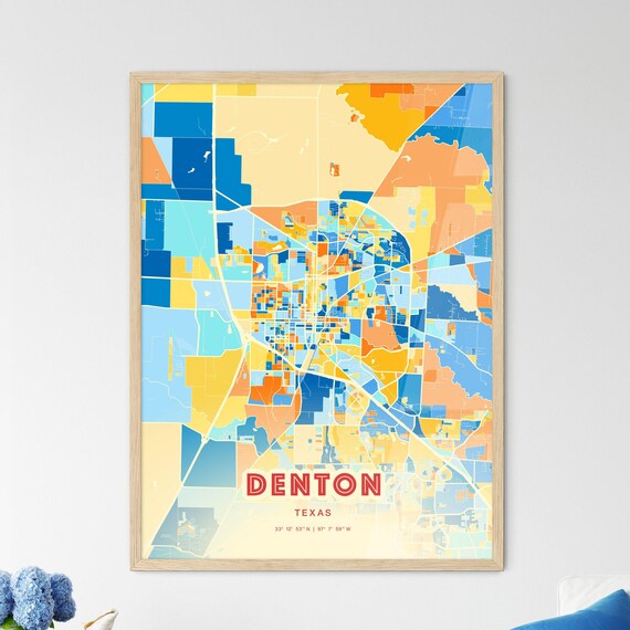 Denton Texas Colorful Blue and Orange City Street Map Poster