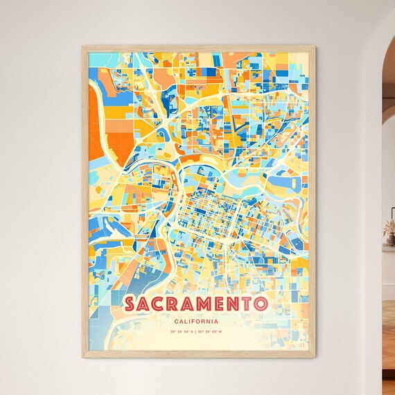 Sacramento California Blue Orange Riverfront City Map Art Poster