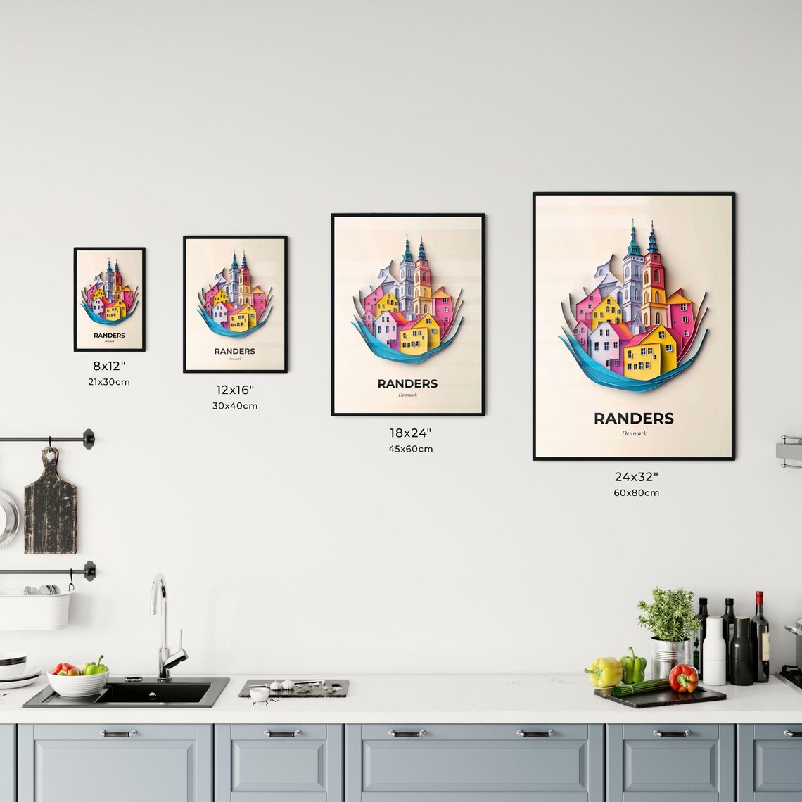 Randers Denmark Colorful Paper Cut Twin Towers Travel Poster Art - Image 3