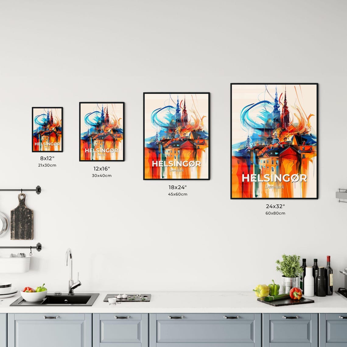 Helsingor Denmark Colorful Abstract Spires Rooftops Skyline Poster - Image 3