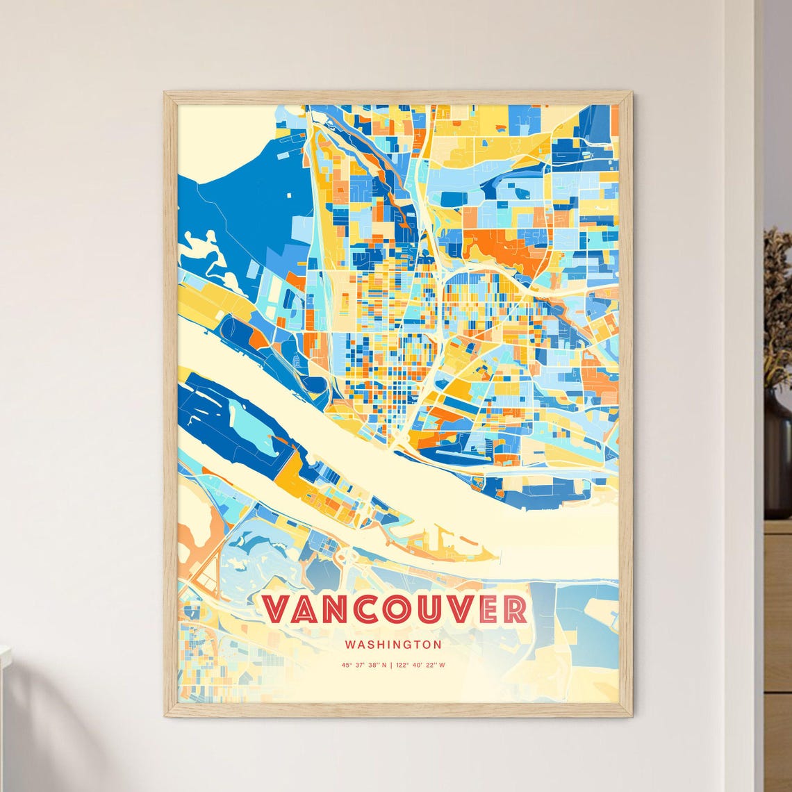 Vancouver Washington Vibrant Blue Orange City Map Art Poster