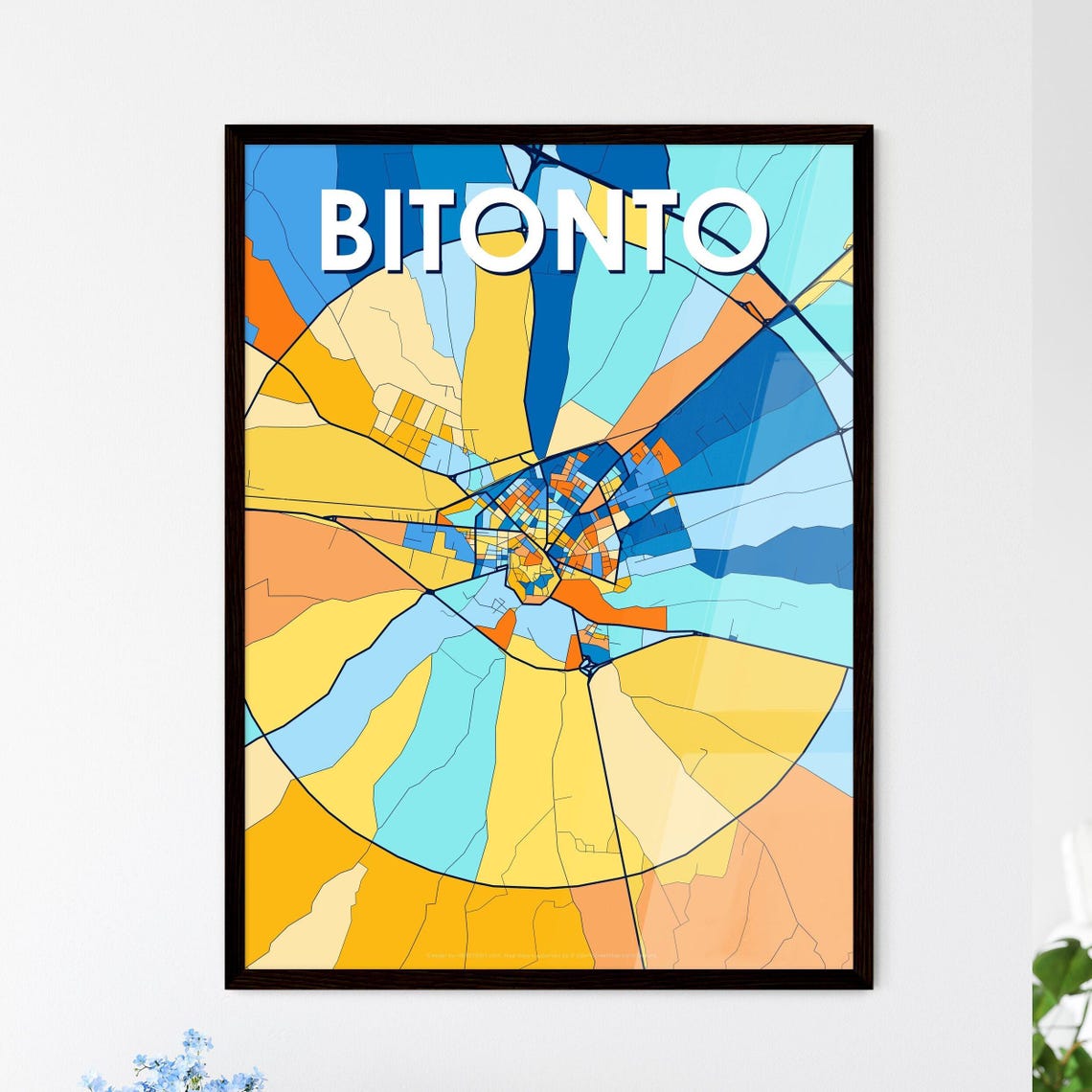 Bitonto Italy Bold Geometric City Map Art Poster in Blue and Orange