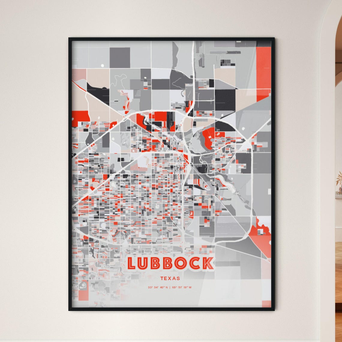 Lubbock Texas Modern Expressive Red Gray City Map Art Poster