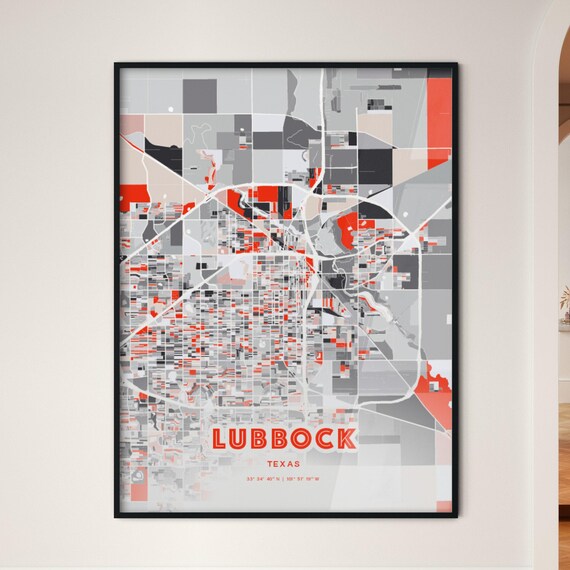 Lubbock Texas Modern Expressive Red Gray City Map Art Poster
