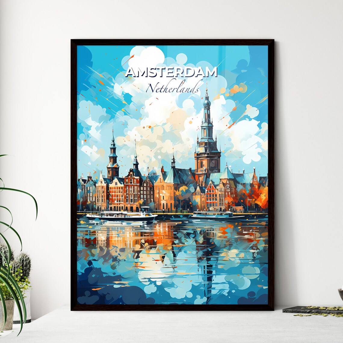Amsterdam Netherlands Travel Poster Canal Houses Church Tower Reflection Art