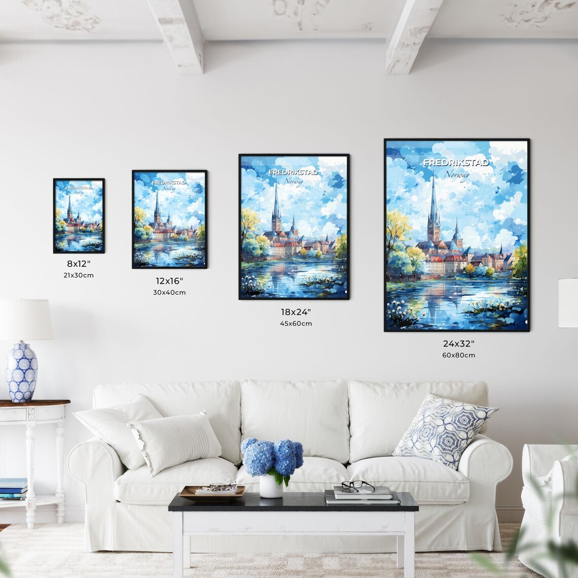 Fredrikstad Norway Watercolor Cathedral Lakeside Travel Poster - Image 3