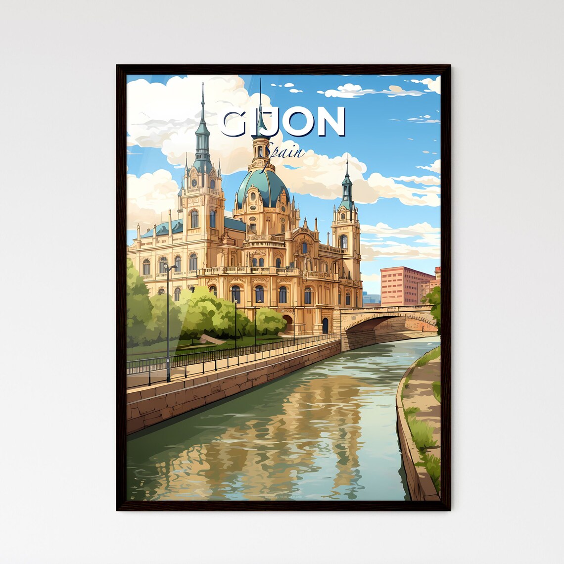 Gijon Spain Grand Domed Cathedral Riverside Stone Bridge Poster