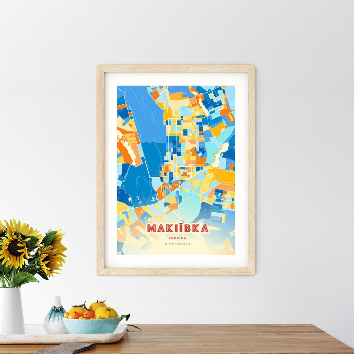 Makiivka Ukraine Blue Orange Colorful City Map Art Poster With Coordinates - Image 2