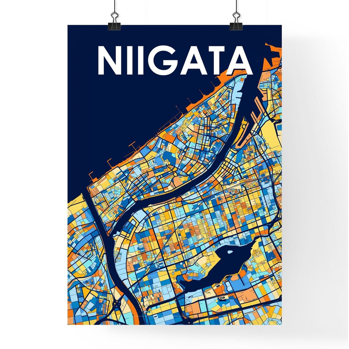 Niigata Japan Stylish Vibrant Blue and Orange Mosaic City Map Poster - Image 4