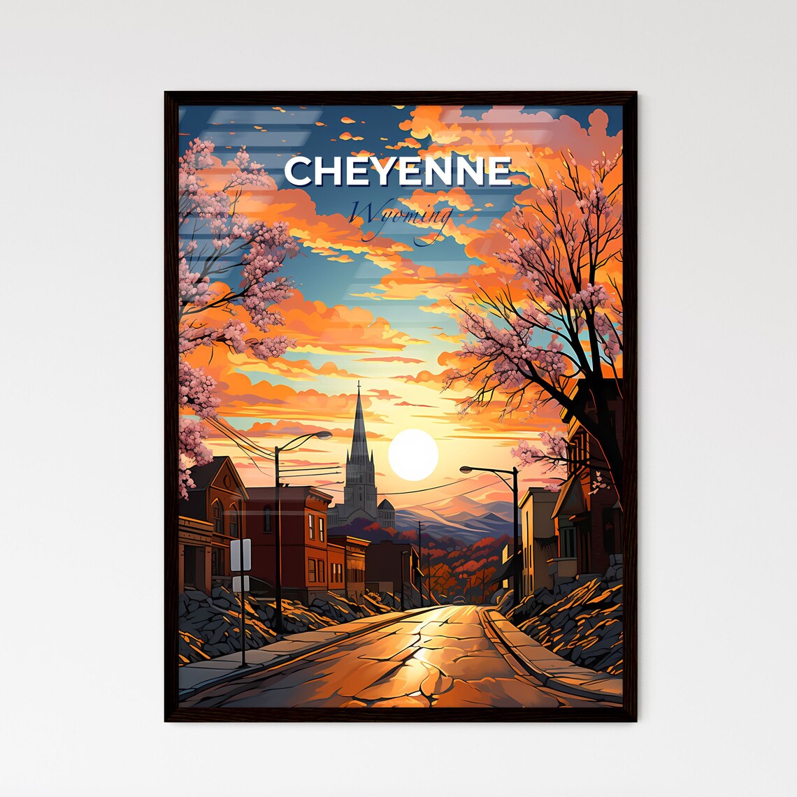 Cheyenne Wyoming Sunset Street Church Spire Blossom Travel Poster