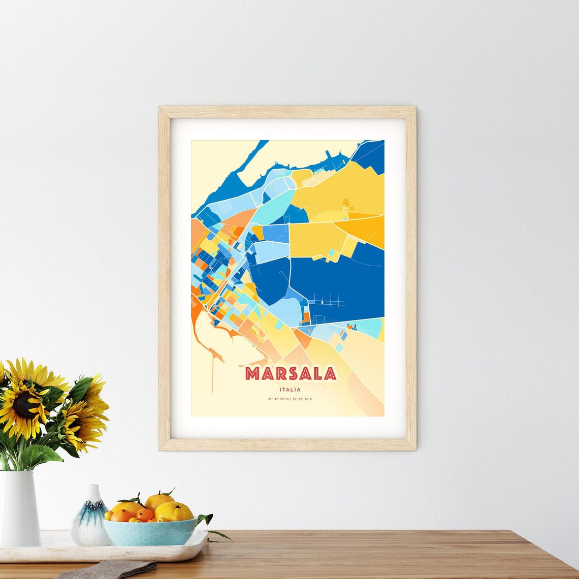 Marsala Italy Colorful Blue and Orange Retro City Street Map Wall Art - Image 2