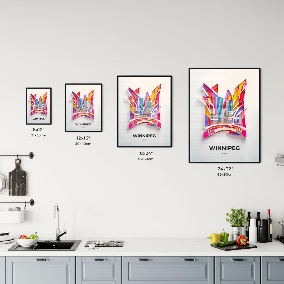 Winnipeg Canada Downtown Skyline Bridge Colorful Paper Cut Poster - Image 3