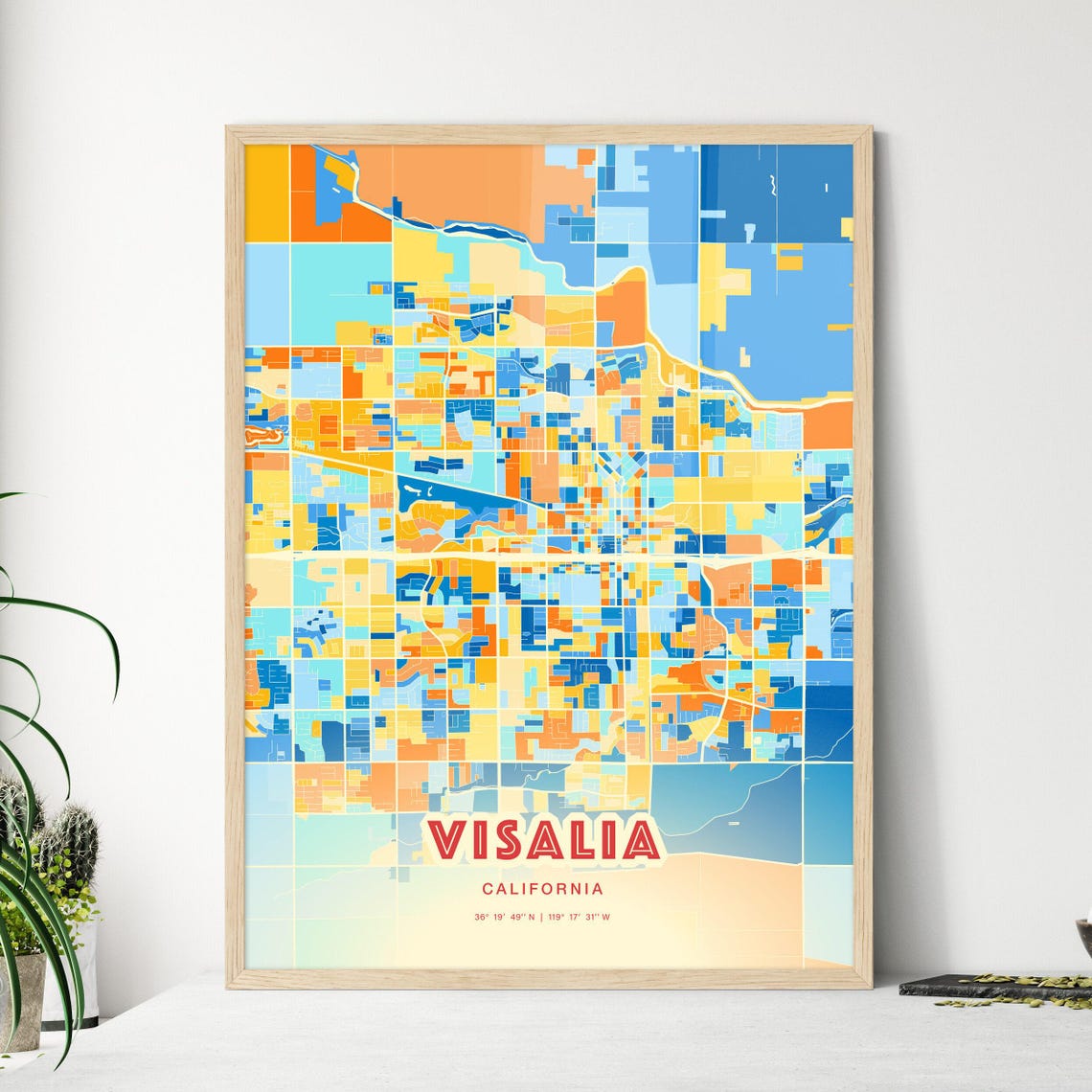 Visalia California City Map Art Poster Blue Orange Coordinates