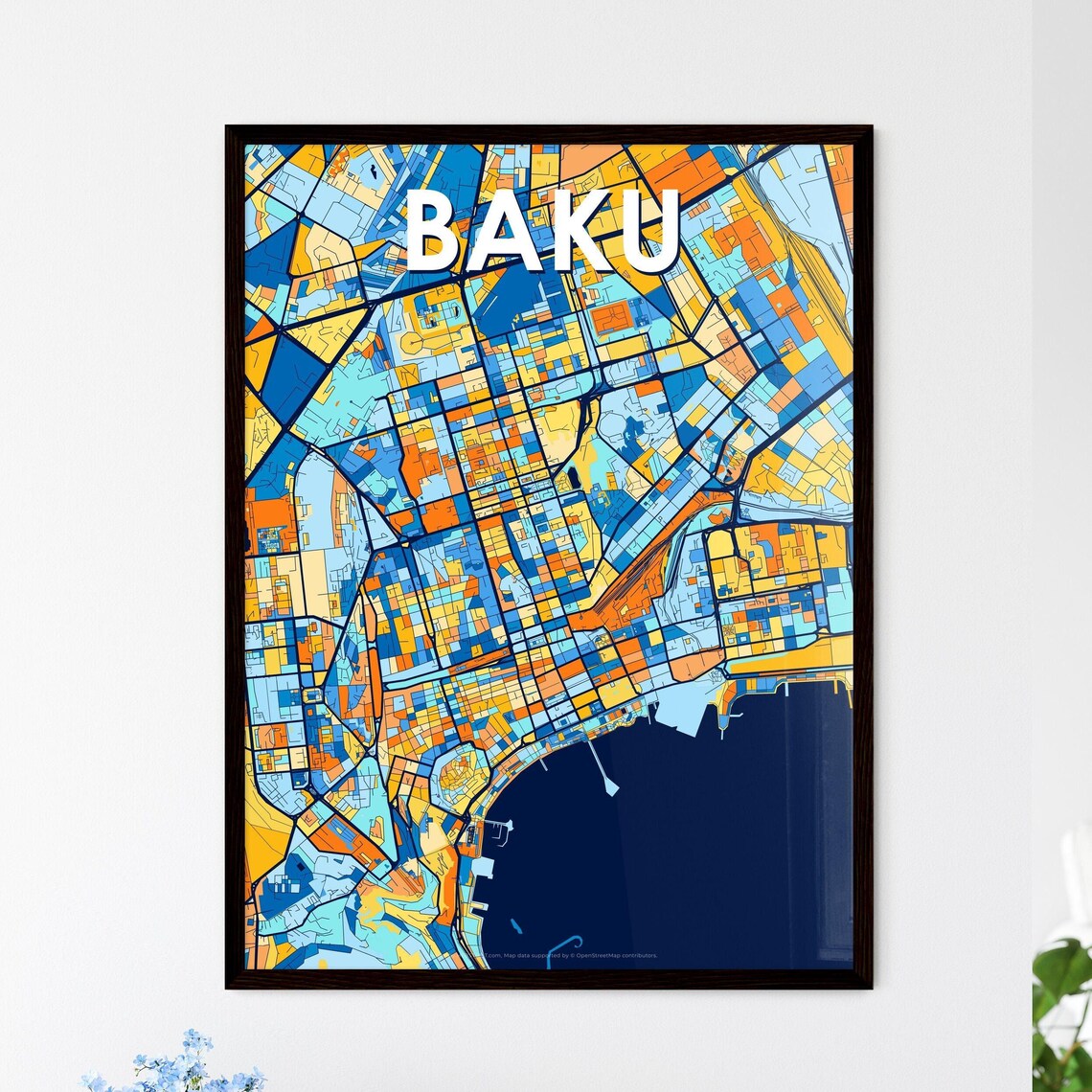 Baku Azerbaijan Caspian Sea Colorful Blue Orange Map Art Poster