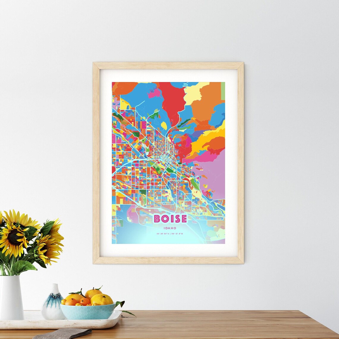 Boise Idaho Colorful City Map Art Poster in Pink and Turquoise - Image 2