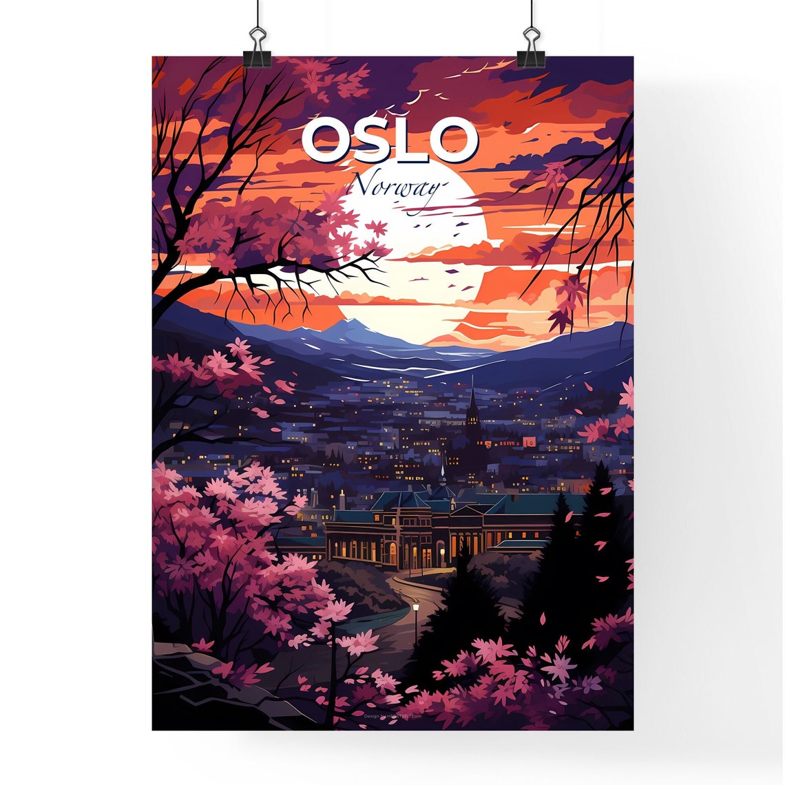Vivid Oslo Norway Moonlit City Cherry Blossom Mountain Poster - Image 4