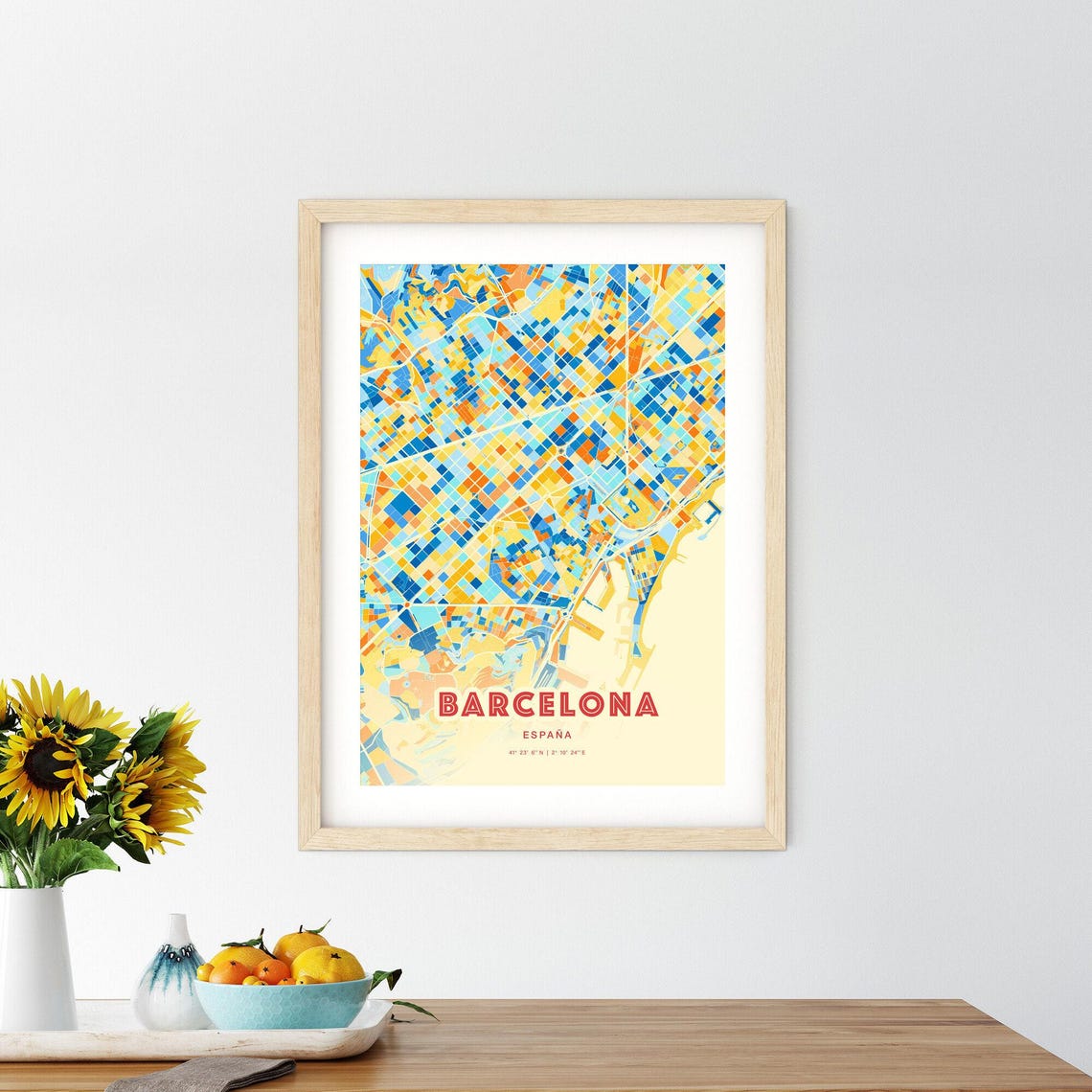 Vibrant Barcelona Spain Blue Orange City Street Map Art Poster - Image 2