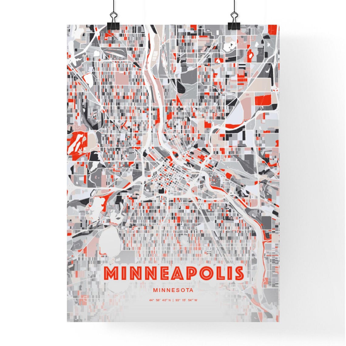 Minneapolis Minnesota Expressive Red and Black City Map Artwork Poster - Image 3