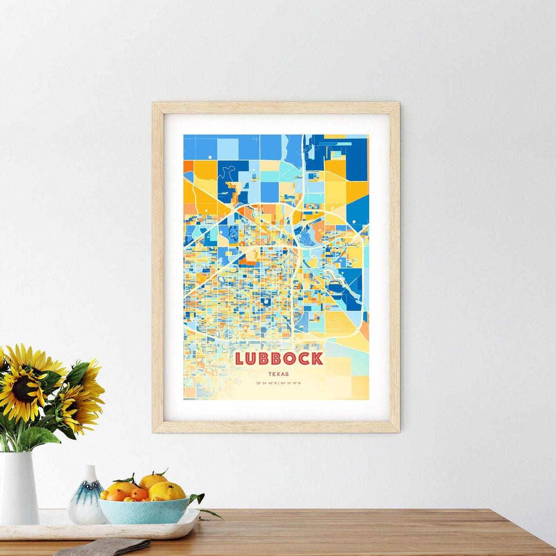 Lubbock Texas Modern Geometric Blue Orange City Map Art Poster - Image 2