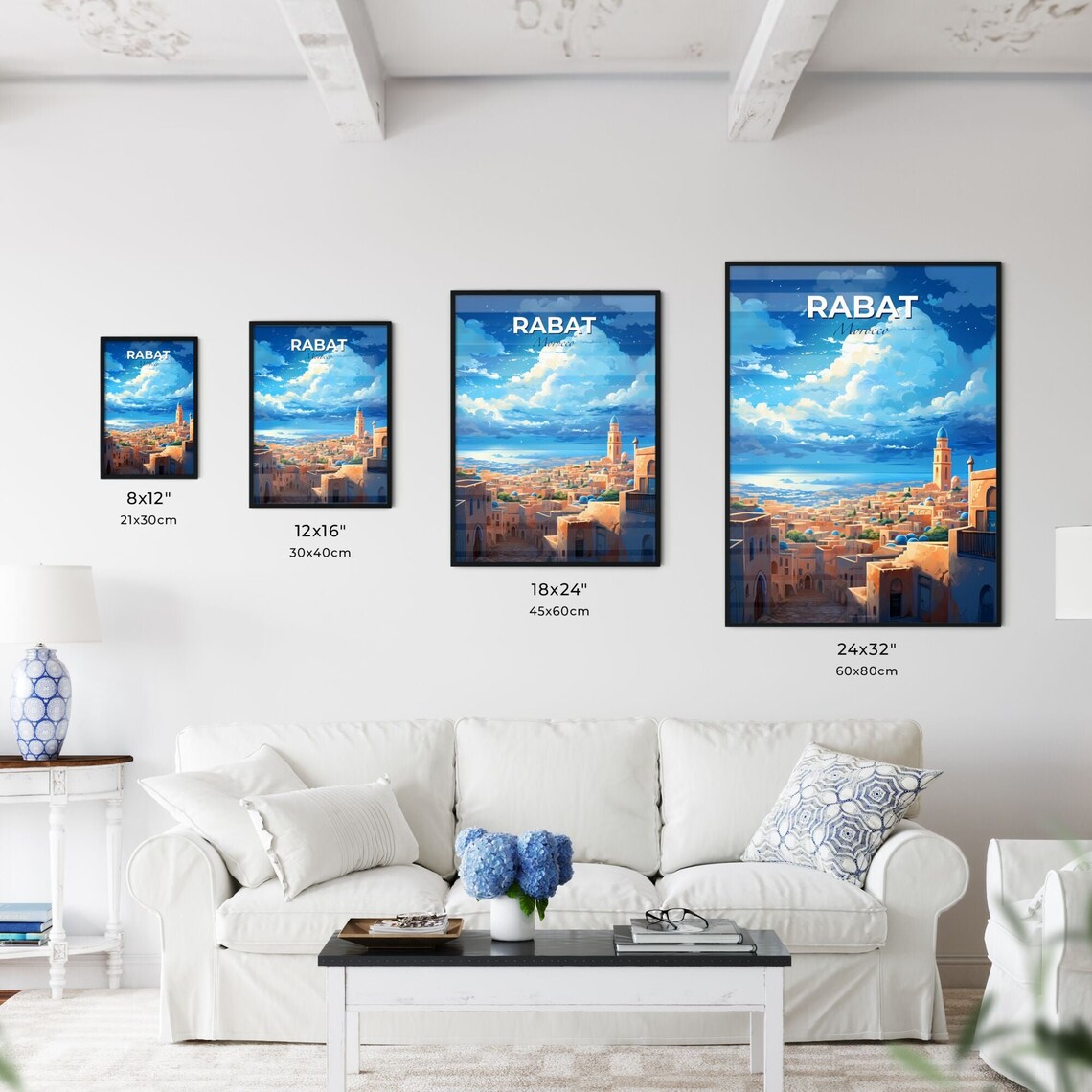 Rabat Morocco Travel Poster Blue Domes Old Town City Skyline Sunset Art - Image 3