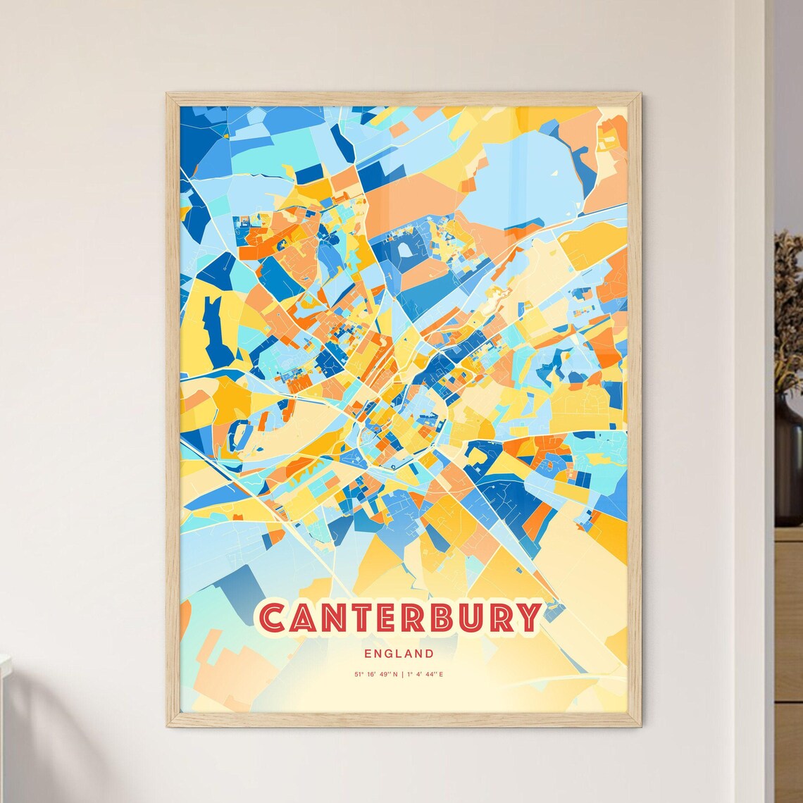 Canterbury England Colorful Blue and Orange Retro City Street Map Wall Art