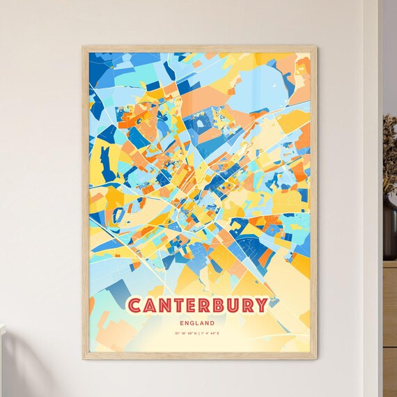 Canterbury England Colorful Blue and Orange Retro City Street Map Wall Art