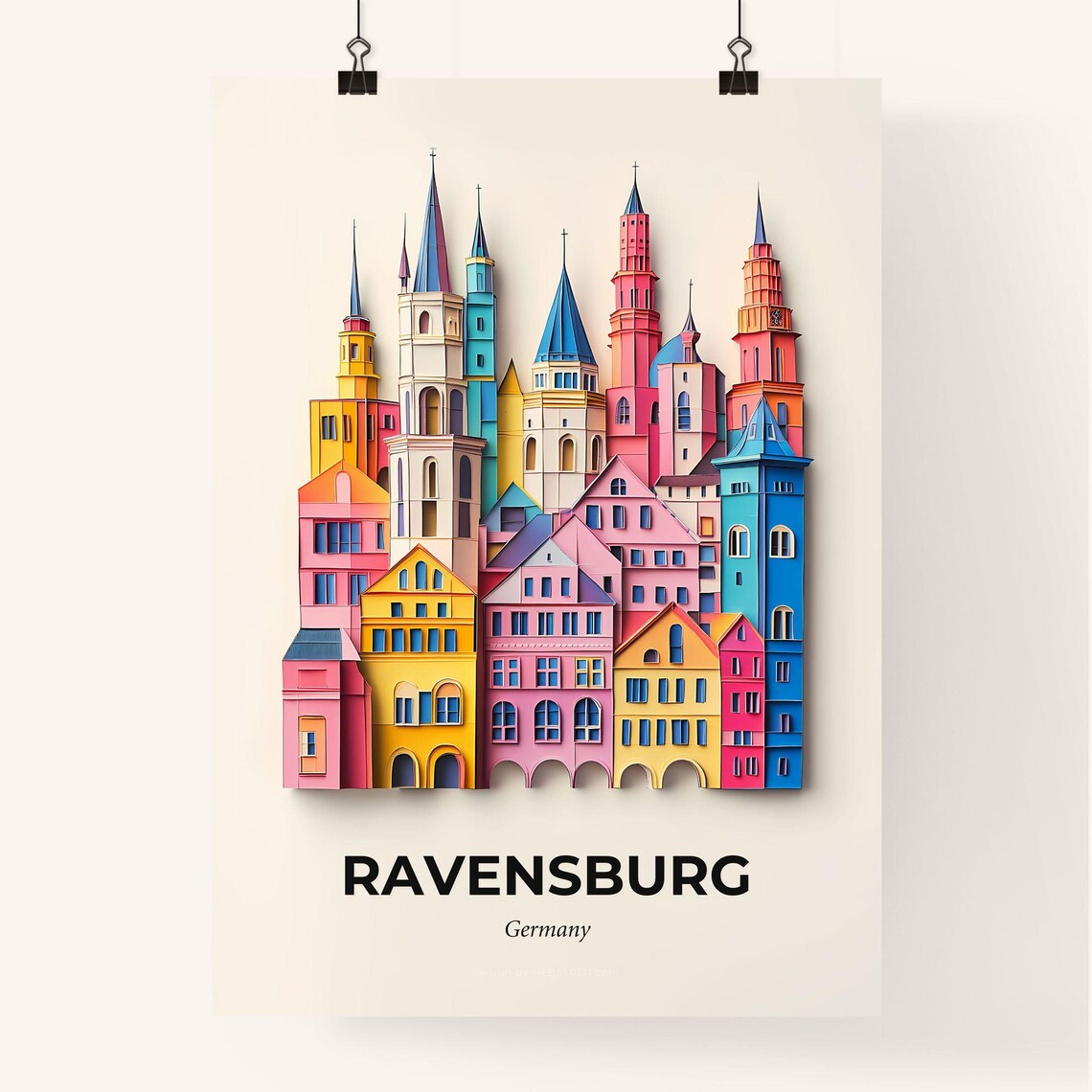 Ravensburg Germany Colorful Paper Cut Towers Skyline Travel Poster - Image 4