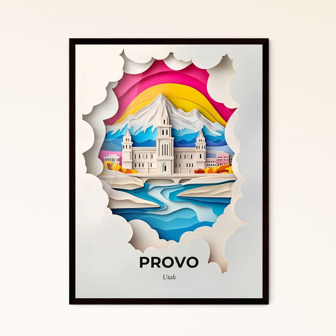 Vivid Provo Utah Mountain Church River Papercut Travel Poster