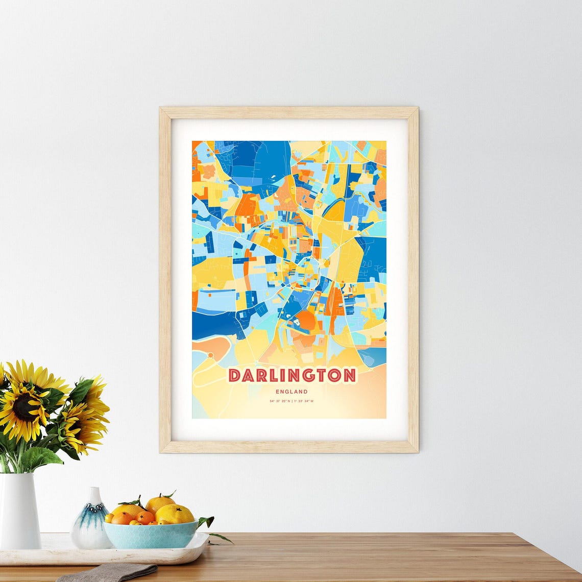 Darlington England Blue Orange Historic Market Town Map Art Poster - Image 2