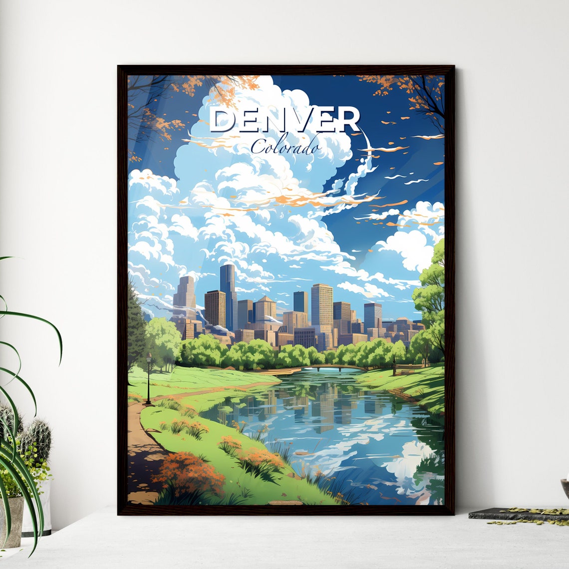 Denver Colorado Skyline Pond Park Dramatic Clouds Travel Poster