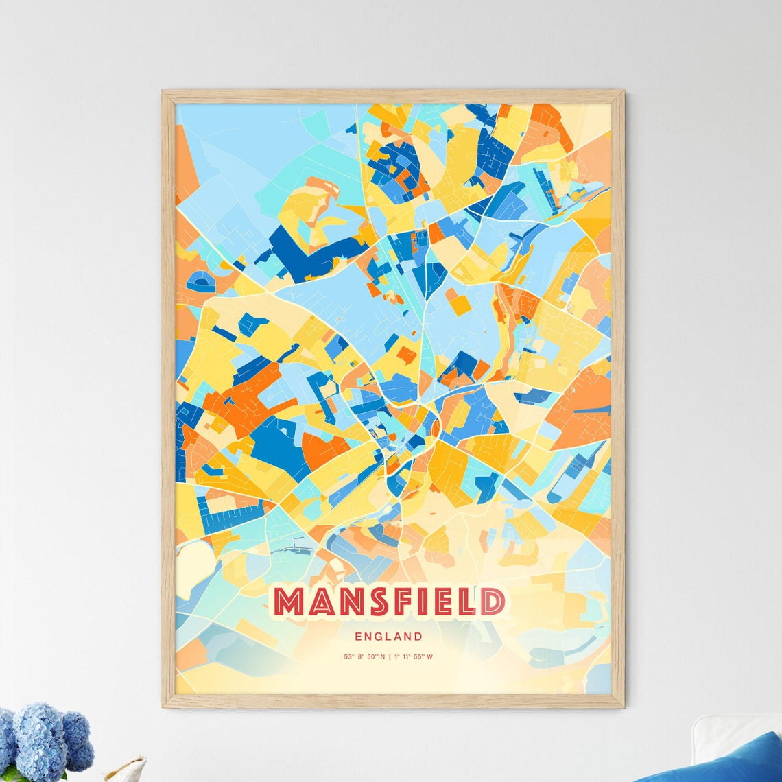 Bold Blue Orange Street Map Art Poster of Mansfield England City