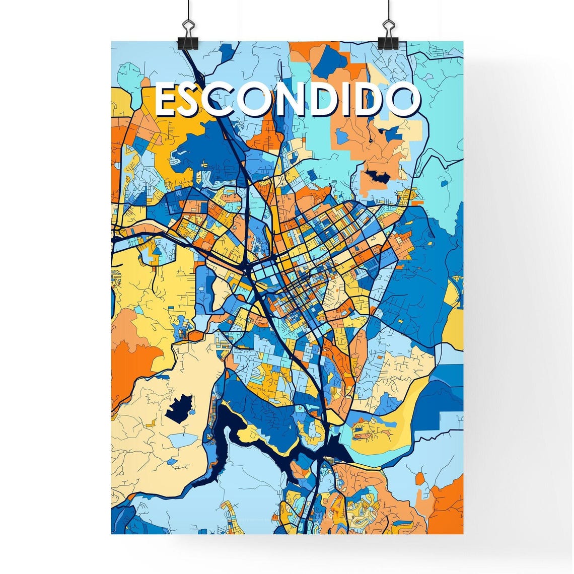 Escondido California Bold Blue and Orange City Map Decor Poster - Image 4