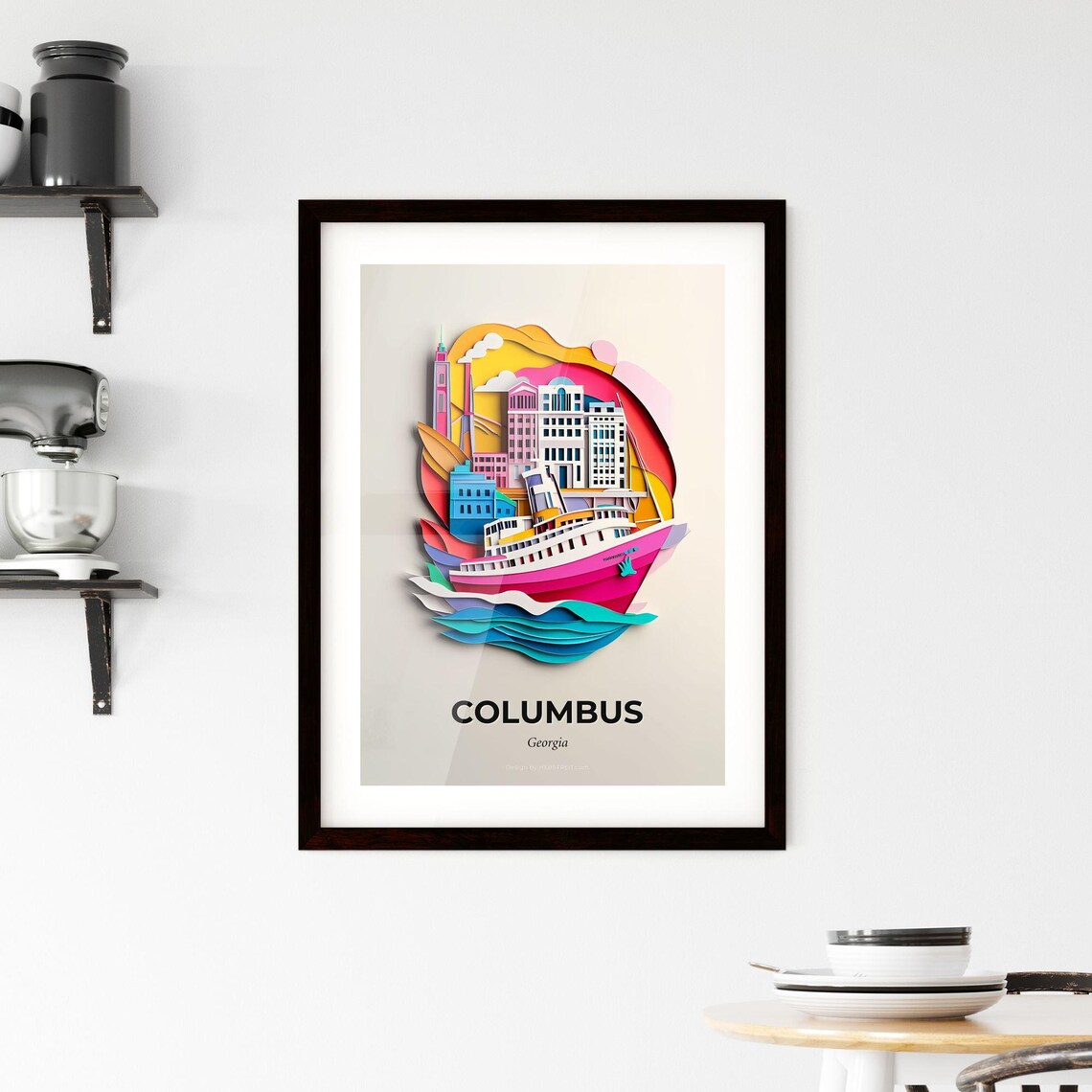 Columbus Georgia Colorful Paper Cut Riverboat City Scene Poster - Image 2