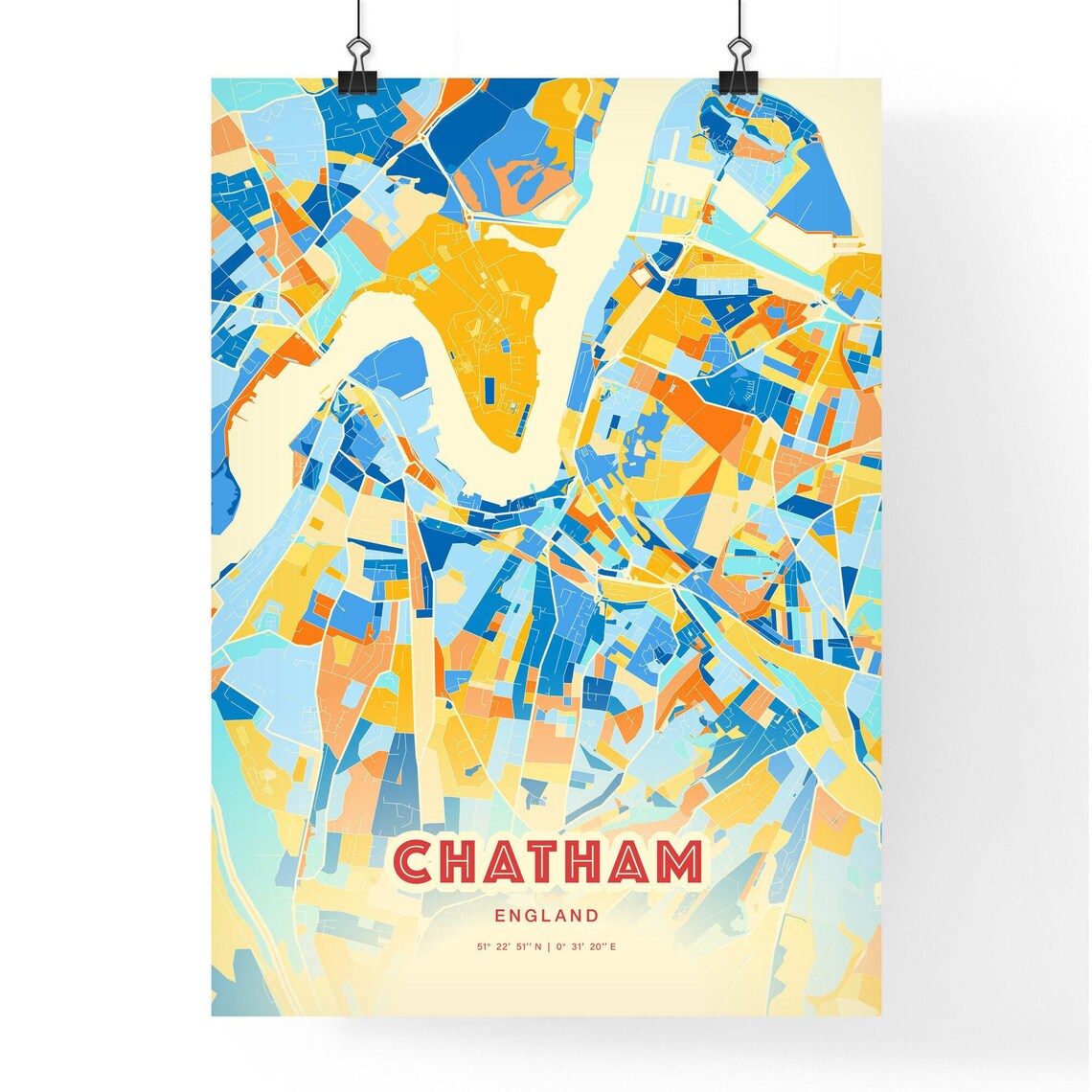 Chatham England Colorful Blue and Orange Retro City Street Map Wall Art - Image 3