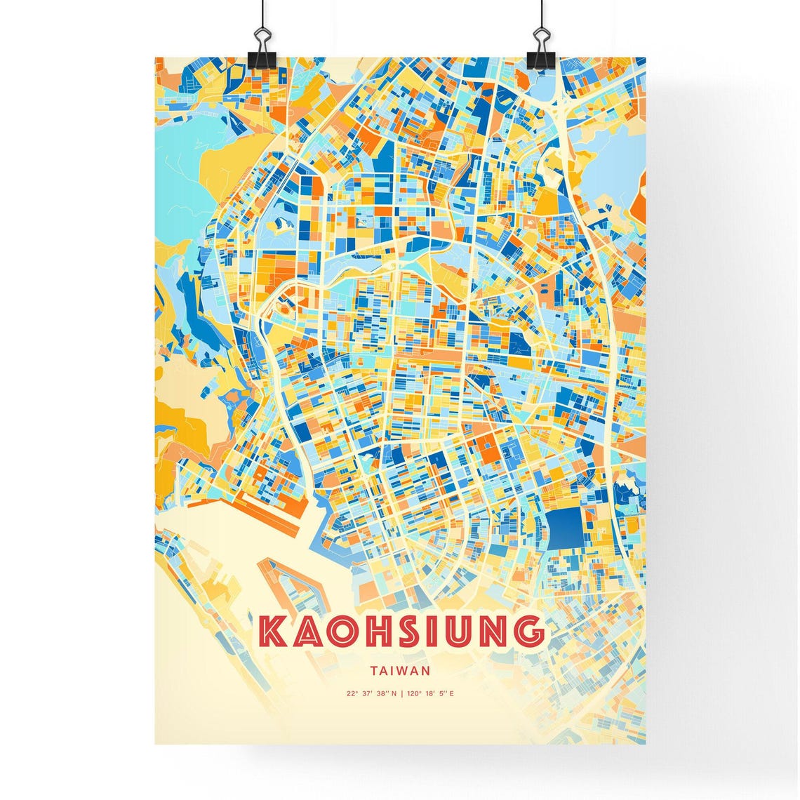 Kaohsiung Taiwan Colorful Blue and Orange City Map Art Poster - Image 3