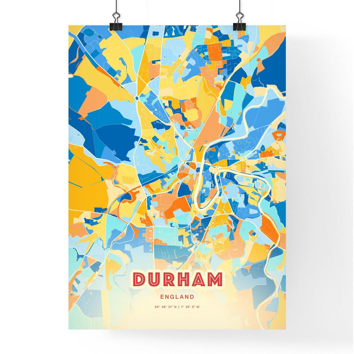 Durham England Colorful Blue and Orange Retro City Street Map Wall Art - Image 3