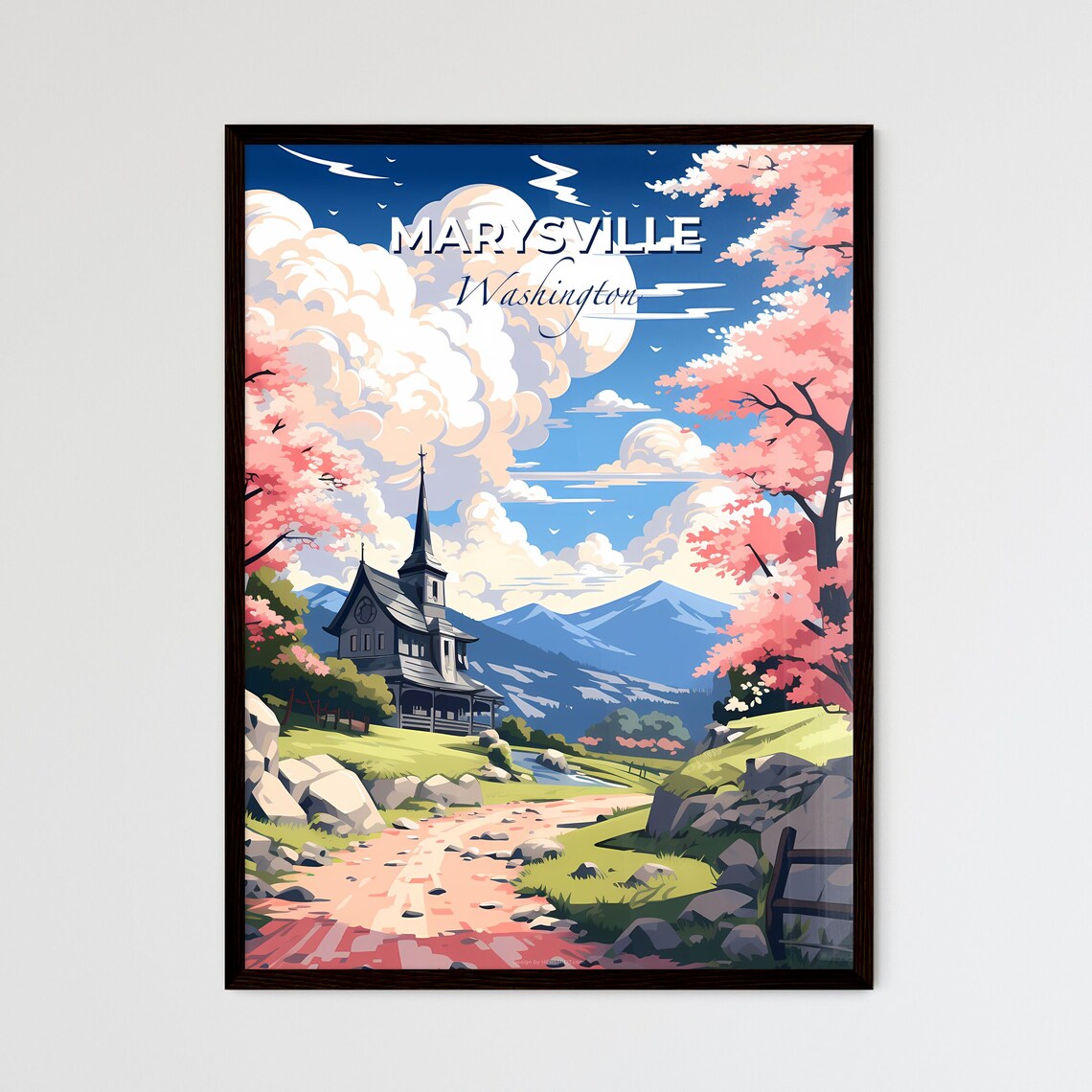 Marysville Washington Mountain Church Spring Blossom Travel Poster