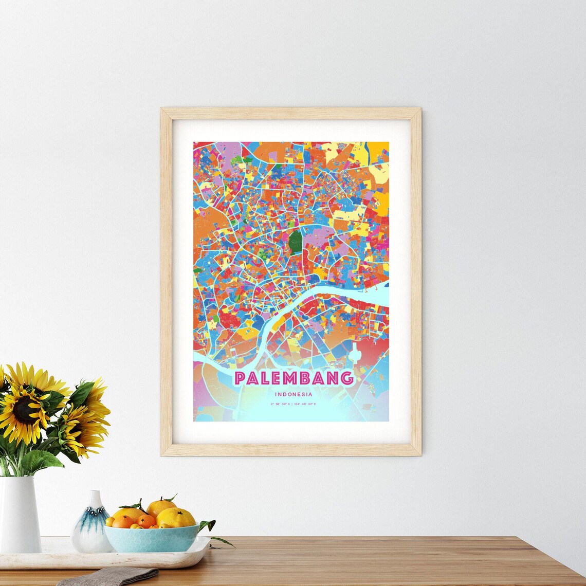 Palembang Indonesia Rainbow City Map Poster Vibrant Colorful Street Grid Art - Image 2