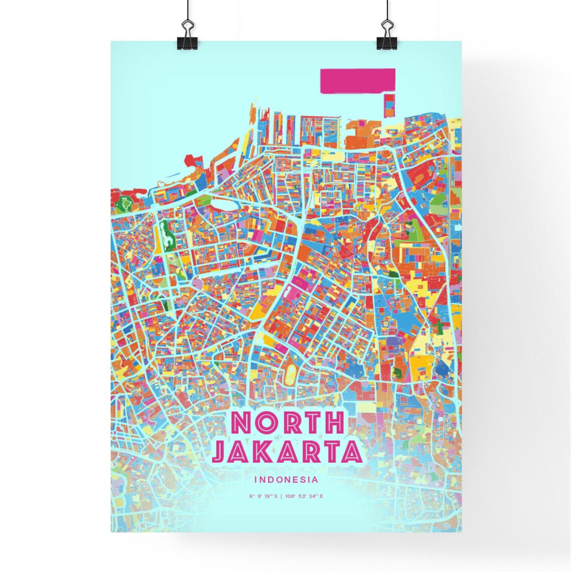 North Jakarta Indonesia Rainbow City Map Poster Vibrant Colorful Street Grid Art - Image 3