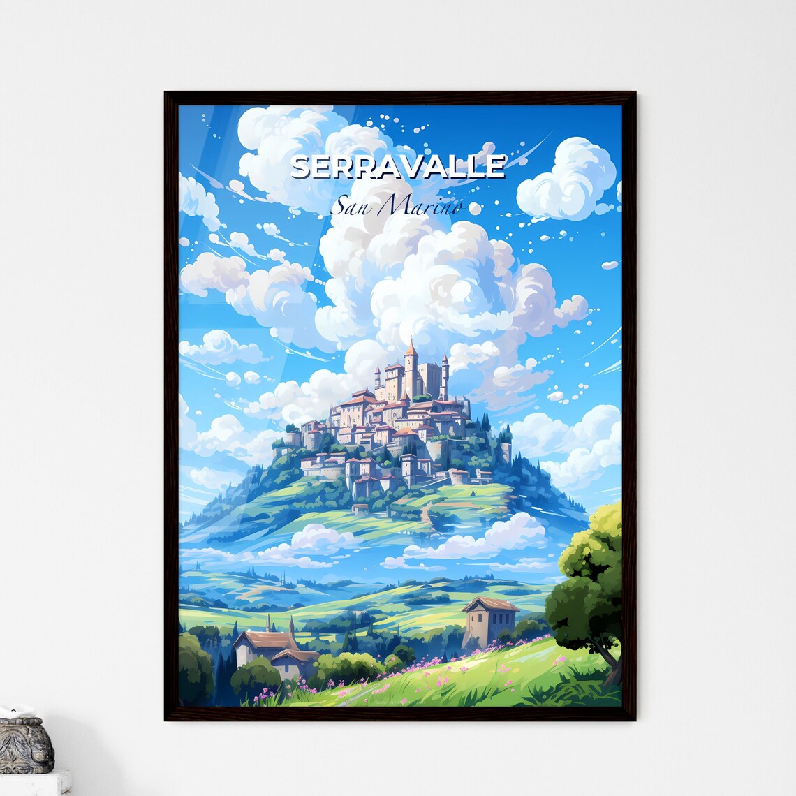 Serravalle San Marino Poster Hilltop Castle Illustrated Travel Skyline Art
